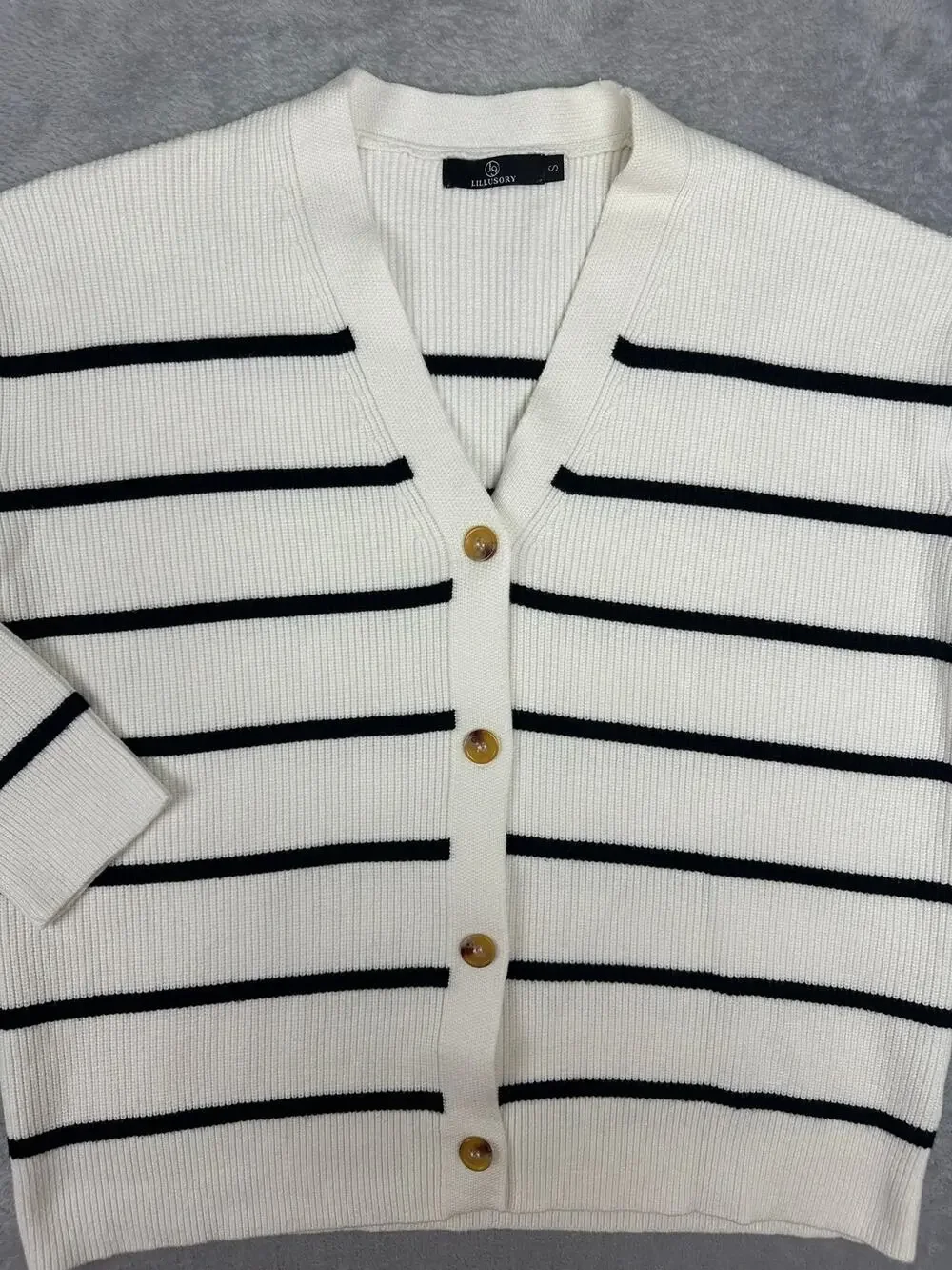 Lillusory Striped Knit Cardigan Sweater Womens Small White Black Chic Parisian